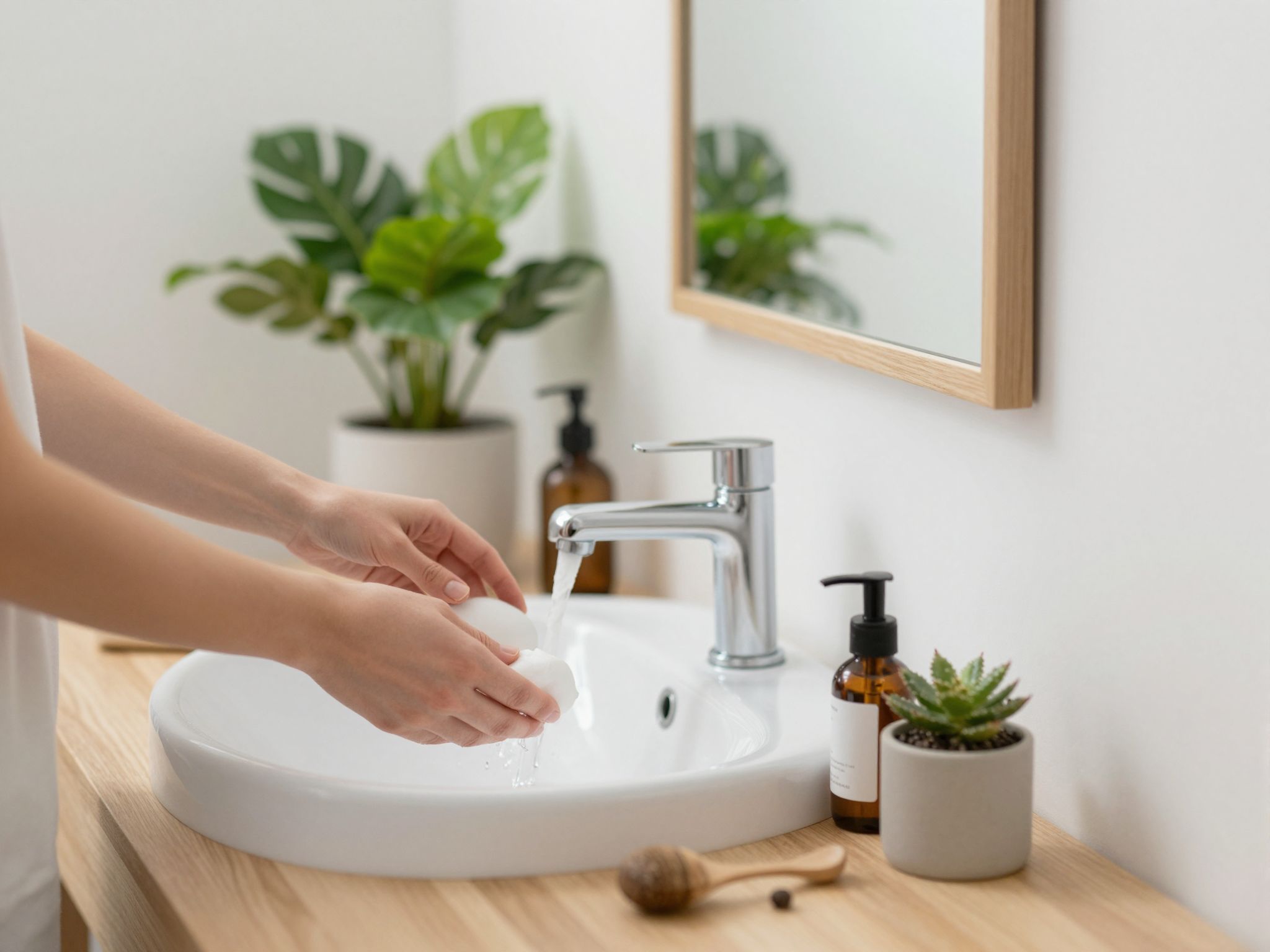 A minimalista fürdőszoba ösztönzi a fenntartható ápolási termékek használatát.